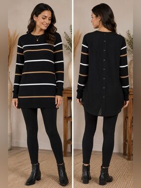 PER SE Black Modal Striped Mixed Media Knit Tunic Sweater Front Button Down Back
